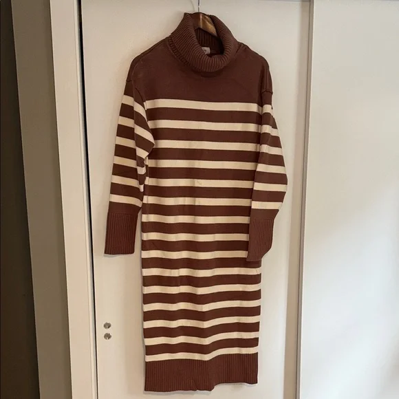 Striped Brown and Cream Turtleneck Dress - Picture 2 of 7